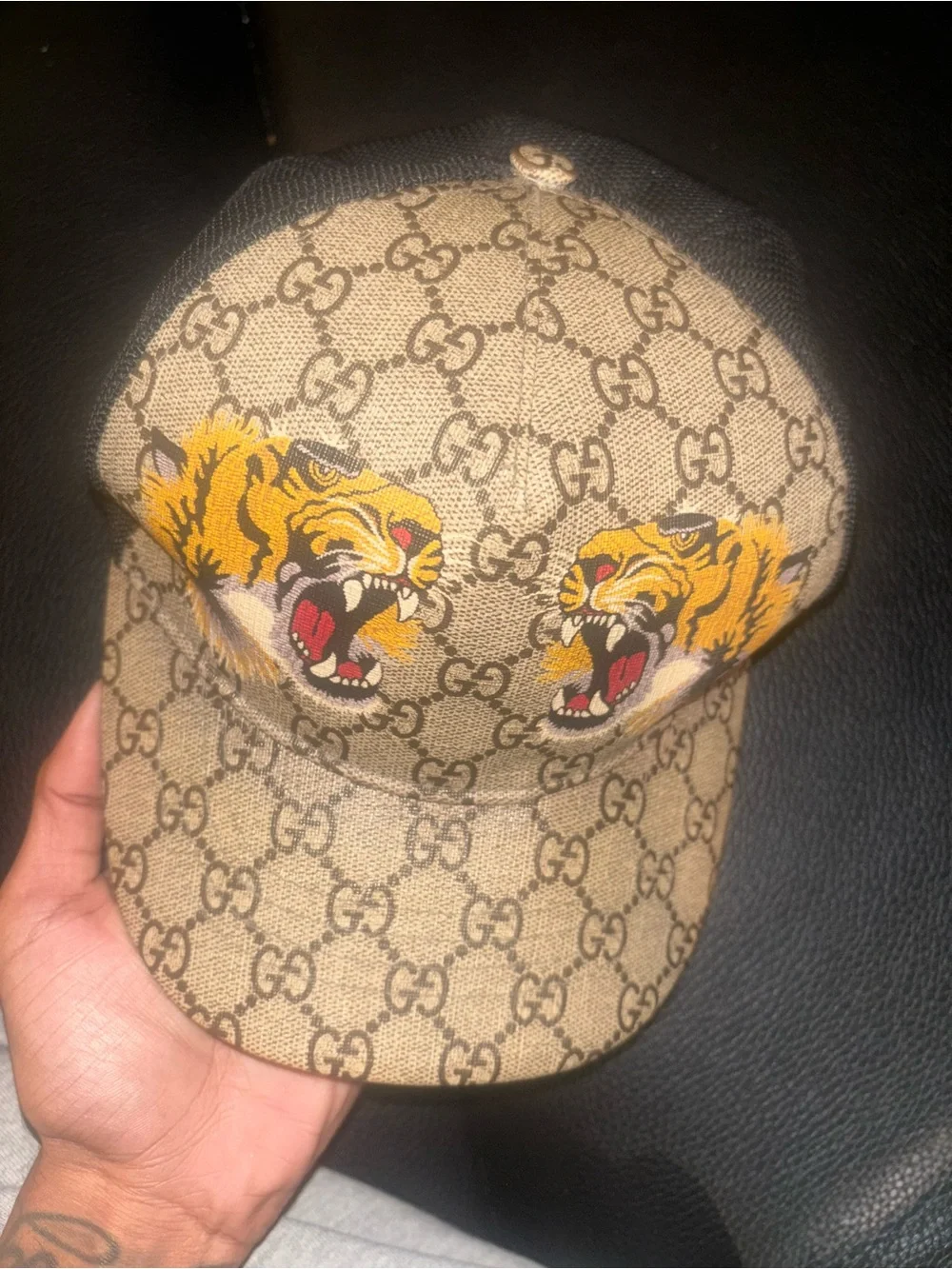Gucci Beige/Brown GG Supreme Baseball Cap with Tiger Patches